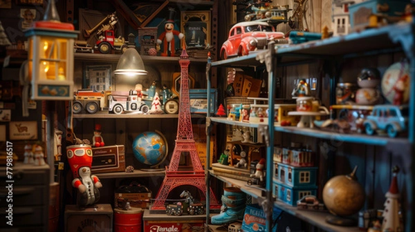 Fototapeta Nostalgic Toy Collection, Vintage Miniature Marketplace with Eiffel Tower