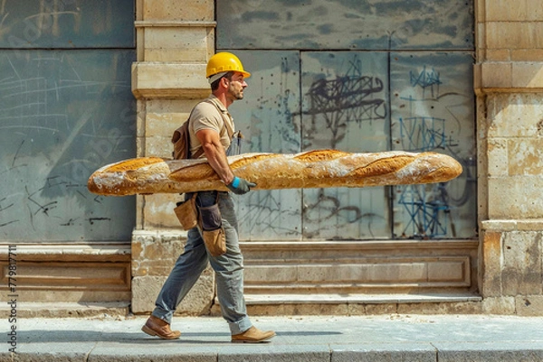 Fototapeta A construction worker walks with a giant baguette under his arm