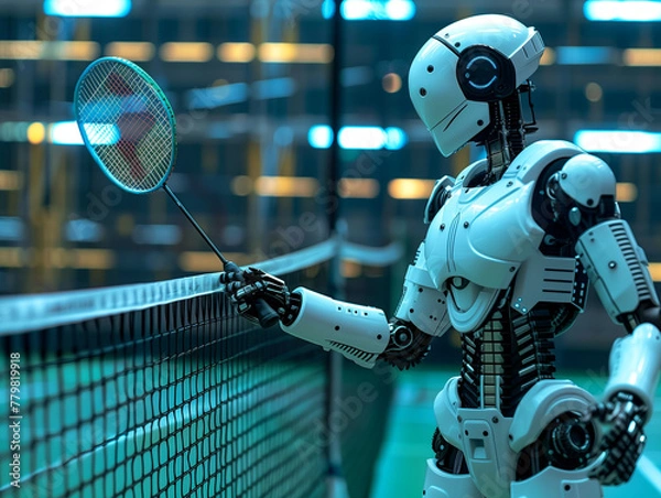 Fototapeta AI robot with a racket in his hand in the badminton court