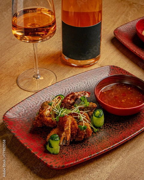 Fototapeta On a red decorative platter served fried shrimp with herbs and vegetables, next to the sauce in a red bowl. The composition includes a glass of pink wine and a bottle with a black label.