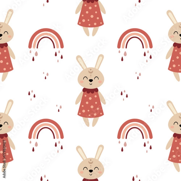 Fototapeta Seamless pattern with rabbit and rainbow in cartoon flat style. Kids digital paper perfect for scrapbook paper, decor, background, fabric. Hand drawn vector pattern