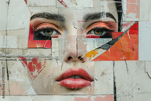 Fototapeta Collage portrait painting facial closeup eye contact print design art poster Generative AI technology