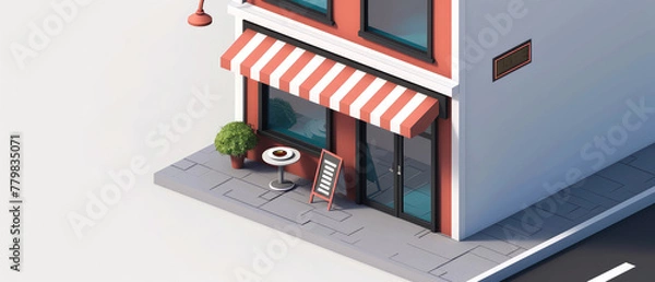 Fototapeta Isometric view of facade сoffee shop, cafe store, bar or restaurant with counter, glass windows. Showcase.Top view. Cartoon, 3d interior mockup. Generative ai