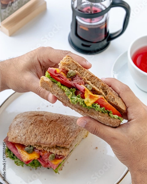 Fototapeta Hands holding half of a fresh sandwich filled with colorful vegetables and meat.