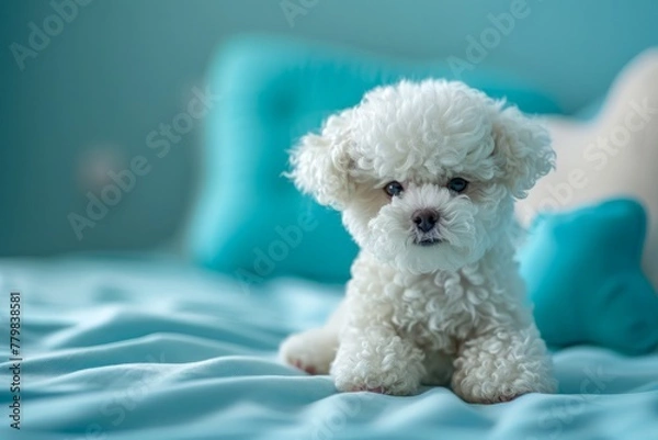 Fototapeta Adorable White Toy Poodle Puppy Sitting on Soft Bedding with Blue Pillow in Background and Gentle Lighting