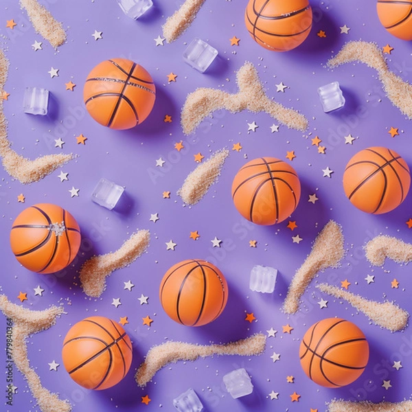 Fototapeta Summer decoration concept lots of little basketball  that look like ice cubes and sand all over the place. The background is purple
