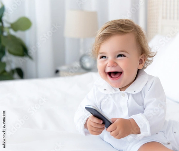 Fototapeta little kid using a smartphone at home concept