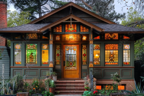 Fototapeta A cozy Craftsman bungalow with a warm, inviting color palette, stained glass windows, and an intricately patterned front door, set in a quaint neighborhood.