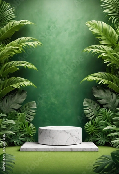 Fototapeta A Front-view focus on a white podium stage amidst a lush green stone and tropical leaves background
