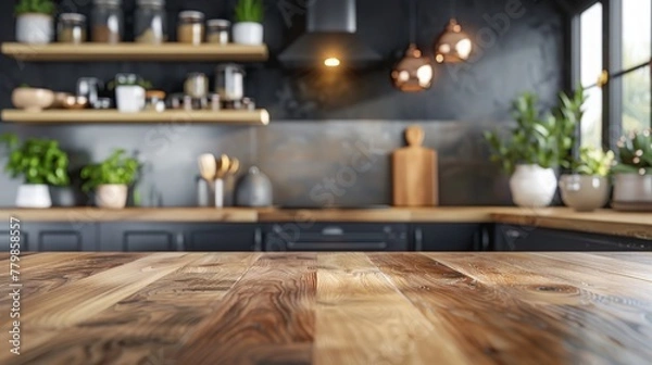 Fototapeta Elegant wood tabletop foreground with a gently blurred kitchen backdrop, ideal for showcasing kitchenware