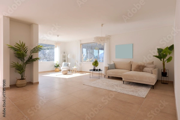 Fototapeta Spacious living room with carpet sofa and large open space in front. Large windows and green plants inside.