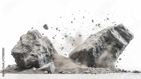 Obraz Rock stone white background fall black falling space isolated splash dust mountain cliff flying. Earth stone boulder texture rock abstract broken powder white dirt blast float burst fantasy surface