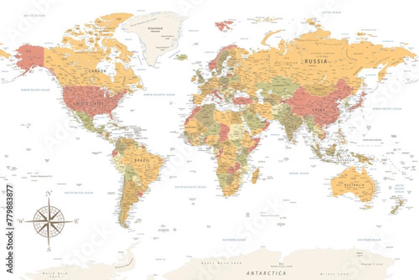 Fototapeta Mapa świata — bardzo szczegółowa mapa wektorowa świata. Idealnie nadaje się do plakatów drukowanych. Ciepłe kolory vintage. Styl retro