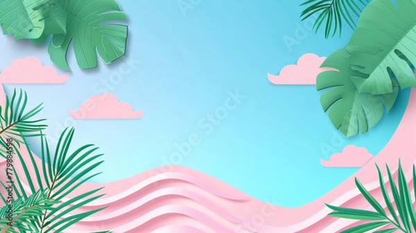 Fototapeta Tropical summer scene background with beach vacation holiday theme with pink waves layer, blue sky and copy space.