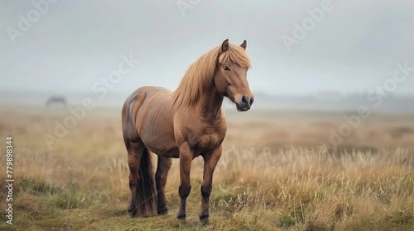 Obraz a regal red horse standing by the fence, its gaze fixed on the horizon, with subtle details highlighting its strength and beauty, evoking a mood of quiet contemplation and admiration.