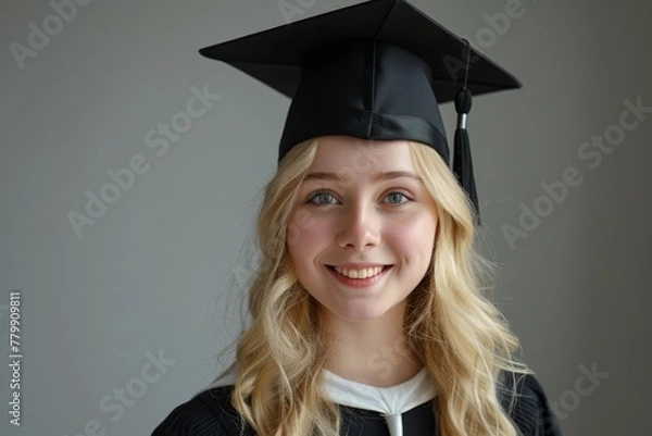 Fototapeta A young blonde female student is smiling and excitedly wearing a graduation cap, isolated on a white background.