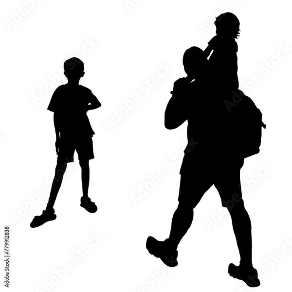Fototapeta Vector silhouettes of people. A man with a backpack carries a little girl on his shoulders. The boy stands tall, hand to side. Back view of a man with a child.