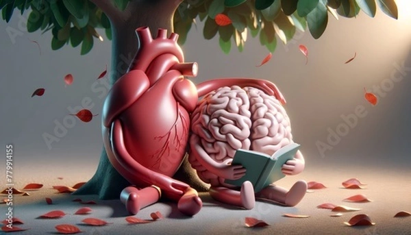 Fototapeta Heart and brain reading a book together under a tree with falling leaves.