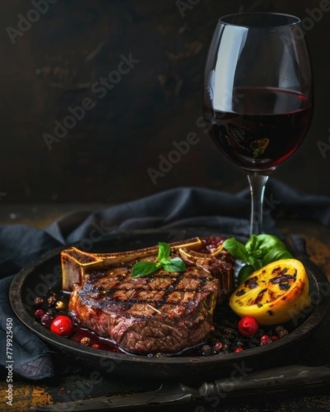 Fototapeta Steak set off with a red wine and lemon slice