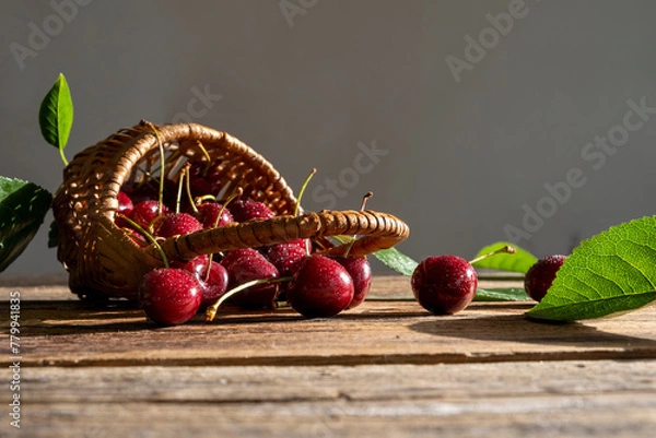 Obraz ripe cherries in a small basket close-up on a wooden table