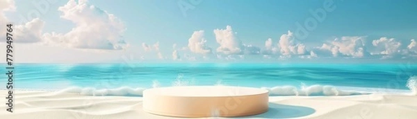 Fototapeta Sunny beach display podium, 3D sand and sea platform, summer vacation promotion, sky backdrop