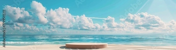Fototapeta 3D beach podium for summer promotion, sand base, sea and vacation sky backdrop, holiday stage