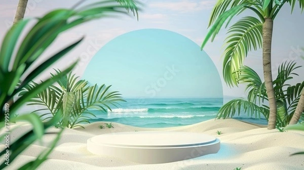 Fototapeta Beachthemed podium, 3D summer sale stand, sand and water backdrop, vacation promotion island