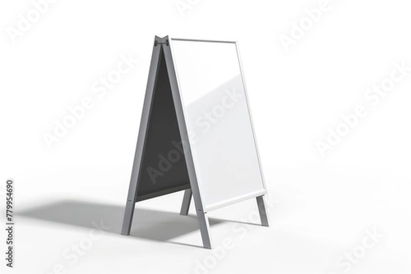 Fototapeta A blank white sandwich board shaped sign, usually used for advertising or displaying information, standing vertically on a light colored background.