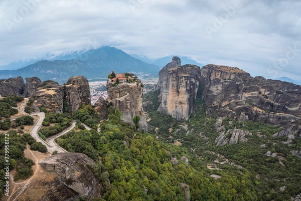 Fototapeta High aerial drone view of Monastery of the Holy Trinity (Agia Triada) in Meteora, Greece. A UNESCO World Heritage site.
