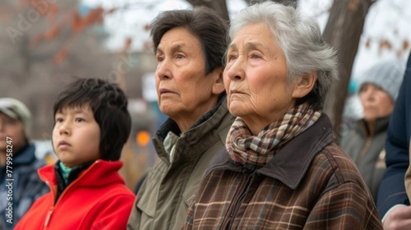 Fototapeta A group of people sitting next to each other in a line, AI