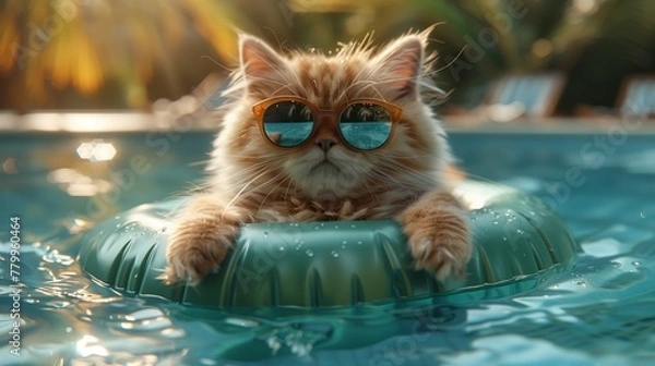 Fototapeta Cool cat wearing sunglasses floating blissfully in a swimming pool on a hot summer's day.