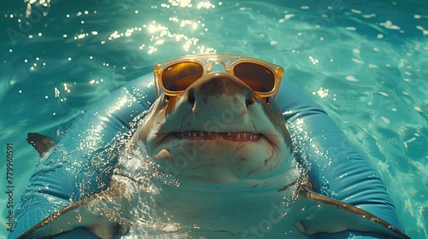 Obraz Cute cartoonish pool shark with sunglasses floating in a pool ring in a swimming pool. Hot summer's day.