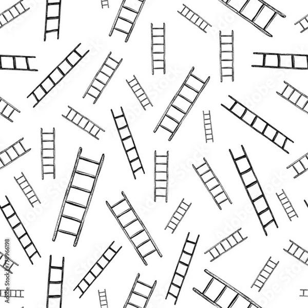 Fototapeta Hand drawn ladders floating and rotating at different angles against white backdrop. Elegant monochrome minimal surface art arranged in vector seamless pattern.