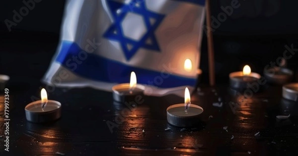 Fototapeta Candlelight and Flag of Israel. Lit candles with an Israeli flag in the background, dark ambiance. World Holocaust Day. Yom azikaron in Hebrew Memorial Day. Day of Remembrance