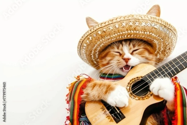 Fototapeta Mariachi Cat with Guitar. Adorable tabby cat dressed in traditional mariachi attire, complete with sombrero and guitar, against a white background