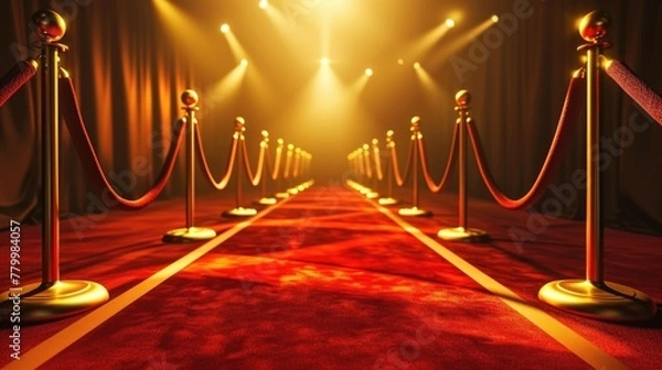 Fototapeta A red carpet with golden barriers and a spotlight. The scene is set for a red carpet event