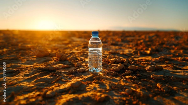 Obraz A clear water bottle stands on cracked dry earth with the warm glow of the sunset behind