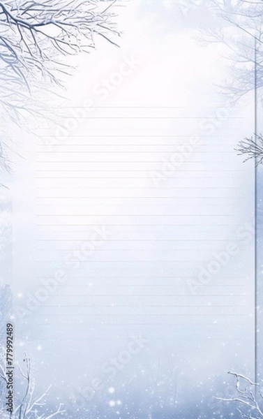 Fototapeta Snowy forest scene with bare tree branches, in blue and white colors, perfect for a winter-themed journal or notebook cover, in the style of a pencil drawing.