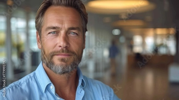 Fototapeta   A bearded man in a blue shirt gazes intently into the camera with a serious expression