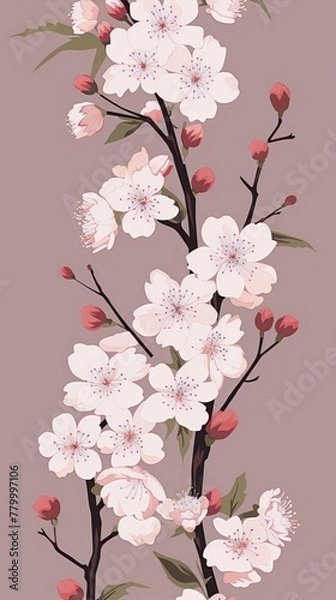 Fototapeta Delicate cherry blossoms bloom vertically on a muted background.
