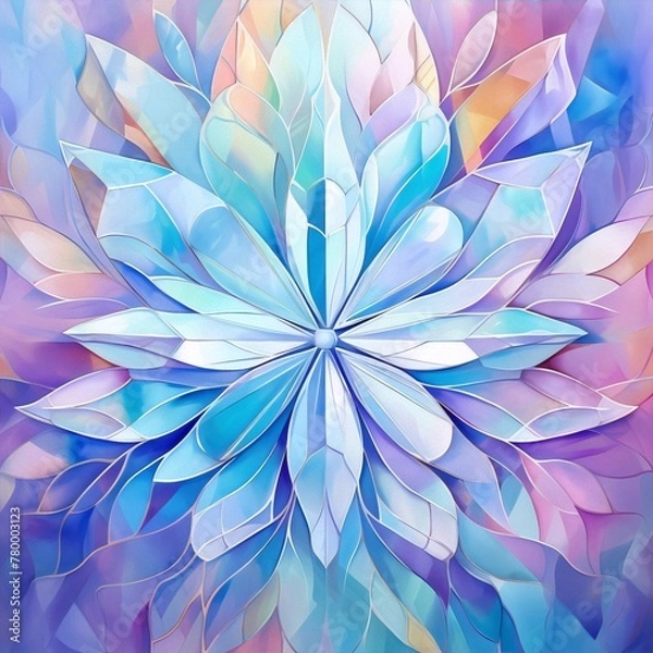 Fototapeta vibrant blue and purple crystal flower with intricate geometric details set against a colorful background in an abstract art style