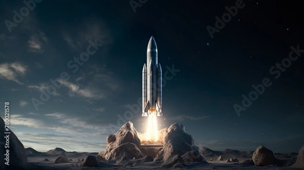 Fototapeta Image depicts a rocket in mid-take-off amidst a barren lunar-like terrain, evoking the anticipation of space exploration