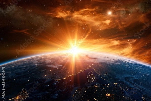 Obraz Planet earth with sunset and sun rays