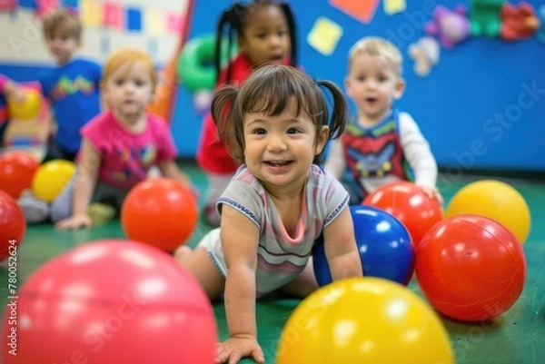 Fototapeta A group of energetic toddlers enthusiastically engaging in sports activities during their physical fitness class, playfully interacting with balls.