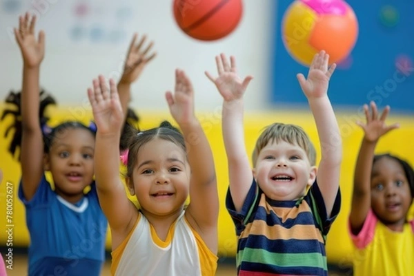 Fototapeta A group of young toddlers actively participating in sports activities as part of their class on physical fitness. Playing with balls.