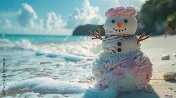 Obraz A snowman made of vanilla ice cream, standing by the beach on a hot summer day.
