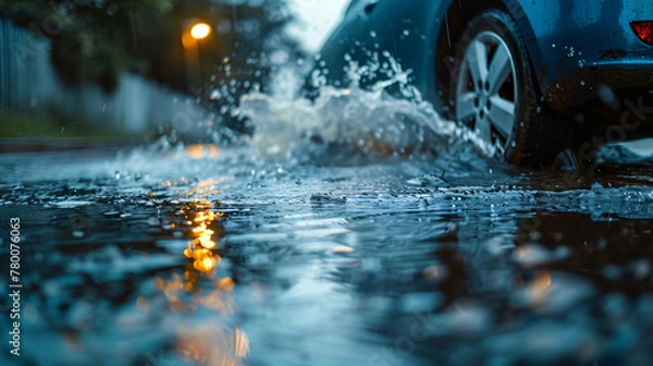 Fototapeta Close-up of car wheels navigating water on the road. Dynamic water splashes add energy to the scene, showcasing the vehicle's capability.