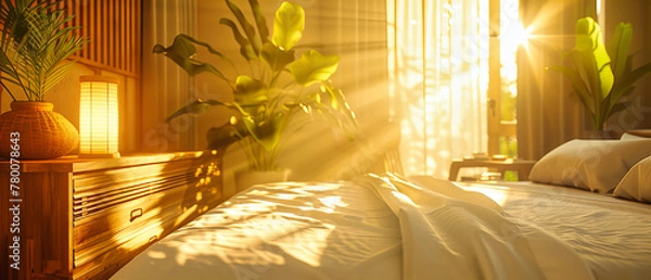 Fototapeta Serene Morning in a Modern Bedroom, Bright Sunlight Streaming Through Windows, Comfortable Bedding and Calm Decor