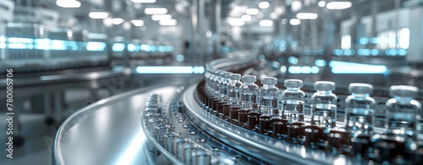 Fototapeta Automated Pharmaceutical Production Line. Sterile vials on modern conveyor belt.