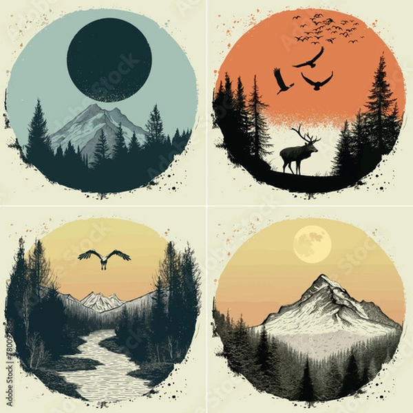 Fototapeta Four different vector illustrations showing nature scenes in circular frames.